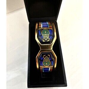 RARE Vintage Michaela Frey Wien Enamel Bracelet – Egyptian Scarab Design 24K GP